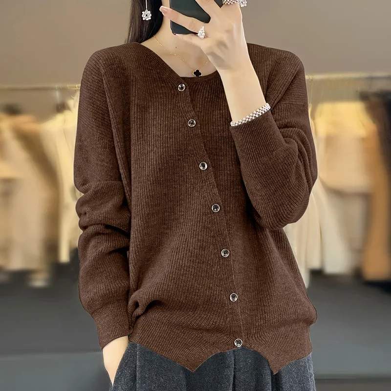 Dámska sveterná vlna Zletená vlna Sweater Príležitostné voľné dámy horný okrúhly krk Otváranie single Breasted Yourful Woman oblečenie