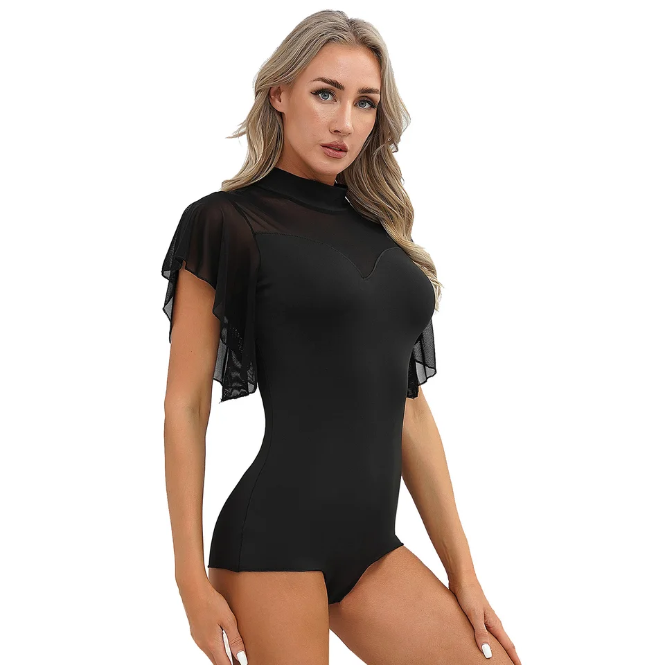 Dámska sála s krátkym rukávom na trikotorickej skríningu Cha-cha latinský tanečný pódium Výkon mäkké opotrebenie kostým Self-Tie Bodysuit