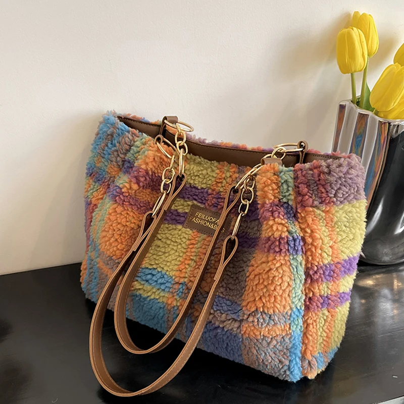 Dámska taška na rameno Plaid Plaid Sherpa veľká kapacita tote taška nakupovanie chroma kabelkou