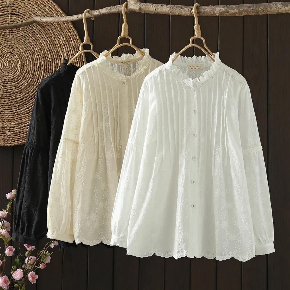 Dámska top boho roľnícka blúzka tričko Mori Girl Japan Style Stand Golier s dlhým rukávom biele béžové čierne blúzky