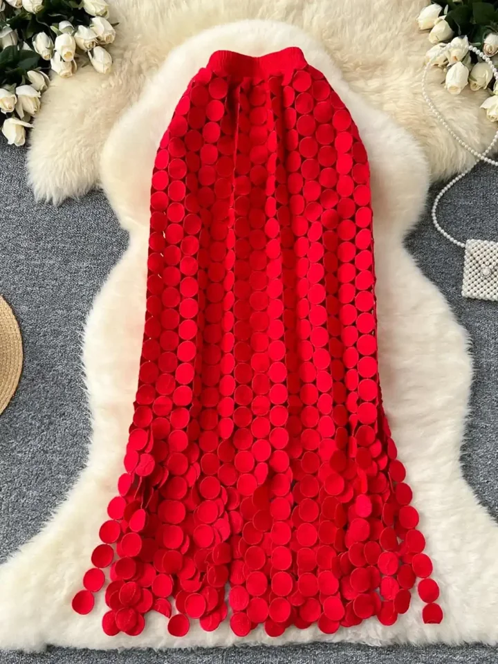 Dámska trubica sukňa Dutlow Out Polka Dot Tassel Autumn Nový vysoký pás Znižovanie strednej dĺžky Priamy večierok Sexy faldas ženský SK008