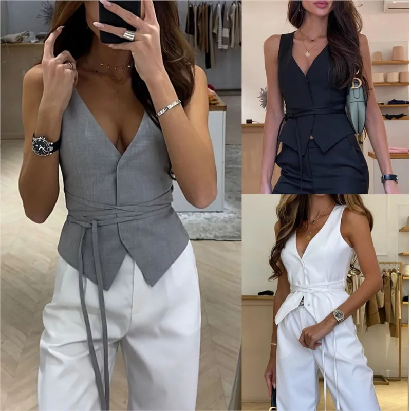 Dámska v krku módna vesta Príležitostné dámske topy elegantné šnurovanie v krku dámska vesta Slim Fit bez rukávov dovolenka bez rukávov