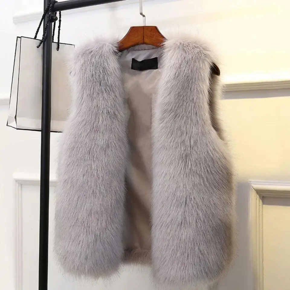 Dámska vesta plná farba faux kožušina Cozy Fluffy vesta mäkká hrubá rukáv bez rukávov Otvorená steh predný kardigan Slim Fit Lady Lady Lady Lady