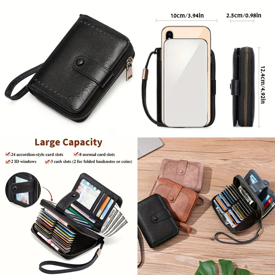Dámska vintage vintage kožená peňaženka chránená RFID-Bifold, Uzáver zipsu, viaceré sloty kariet, odnímateľné zápästie, Easy Clean