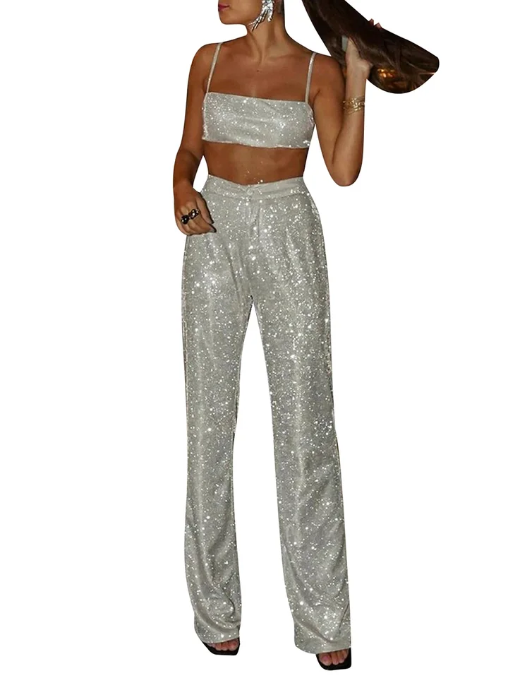 Dámske 2 -dielne outfit iskry flitry bez rukávov Cami Cami Top Bling Glitter High Apar Piece Pants Set Set