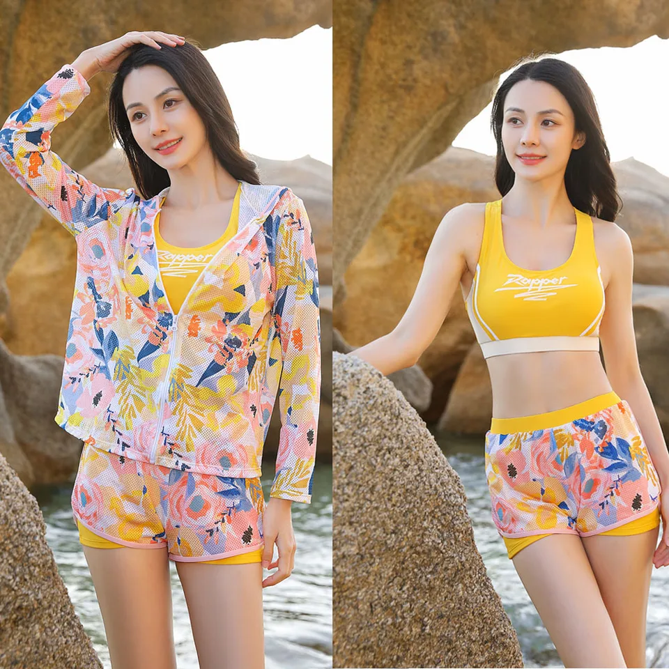 Dámske 3ks/set s dlhým rukávom na zips predné tričko+ podprsenka+ Boyshorts Brub Ovládanie plaviek Sumping Scrend ​​Tankini Bikini Atletic Rash Guard