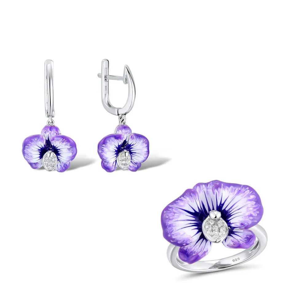 Dámske broskyňa Blossom Lotus Strieborné svadobné šperky sada elegantná temperament fialová smaltovacia kvetina prsteň náhrdelníka sada náušníc