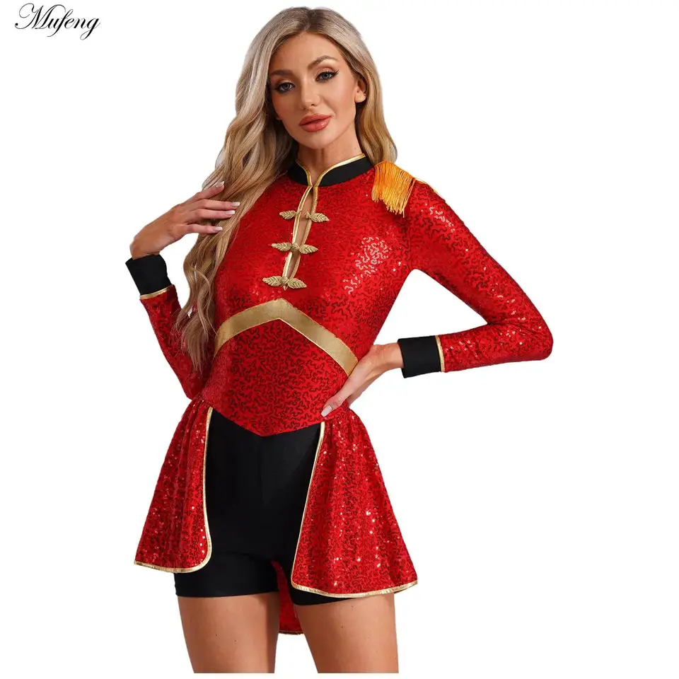 Dámske cirkusové ringmaster kostým Halloween karneval téma Party rola hra Magic kombinéza s dlhým rukávom stranou bubenom Bodysuit