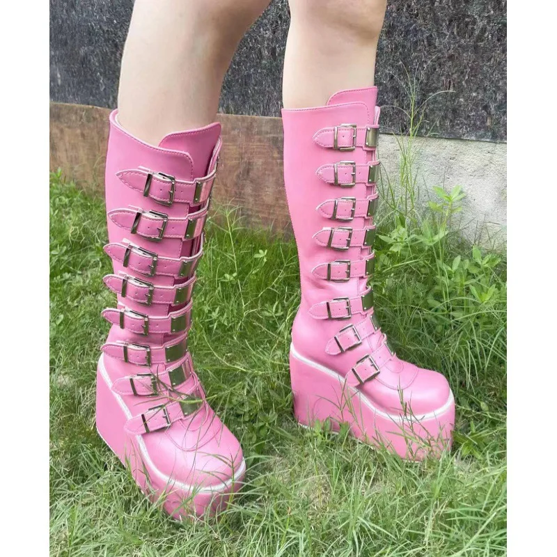 Dámske cosplay vysoké topánky zimná dlhá trubica kožená kožená topánka punk gothic classic čierne topánky s vysokým podpätkom koleno-vysoké gotické topánky