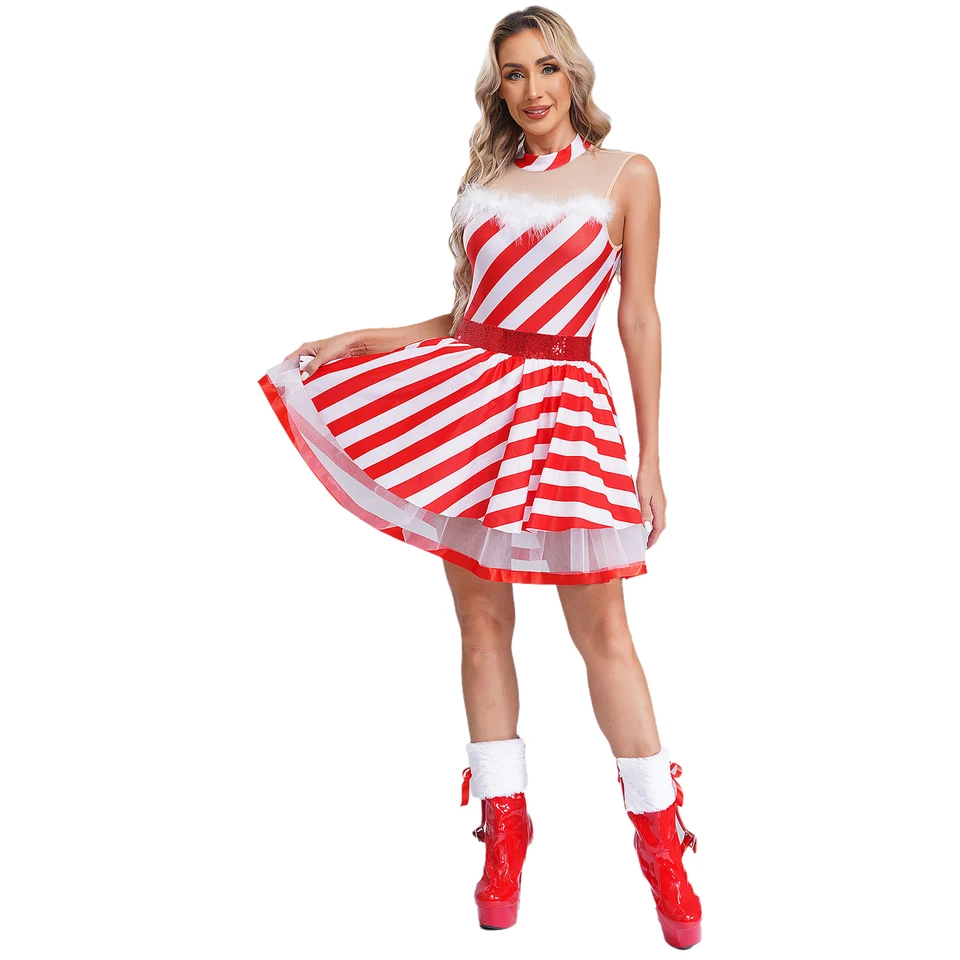 Dámske cukrovinky vianočné zlatíčko Cosplay šaty Dreys Party Cane Costume bez rukávov Flitre s pruhovanými tutu šaty tanečné šaty
