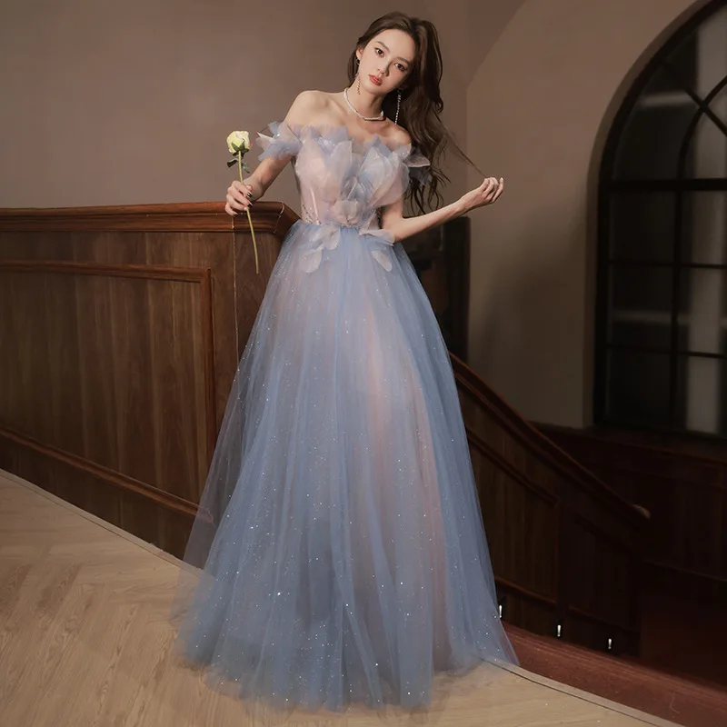 Dámske dlhé rameno Dlhé večerné šaty veľké lem sfarbené gázové hviezdne oblohy Gradient Fairy A-line narodeninové svadobné šaty