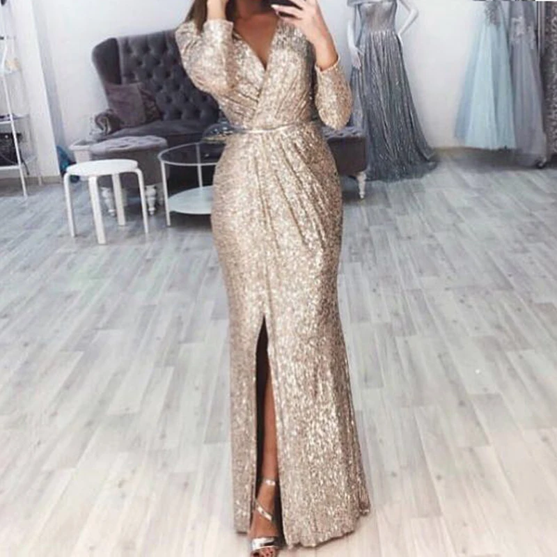 Dámske dlhé šaty sexy hlboké V-krstné trblietky Večerné šaty Malé farby Dámy s dlhým rukávom Dinner Desiate Dress Vestidos de Festa