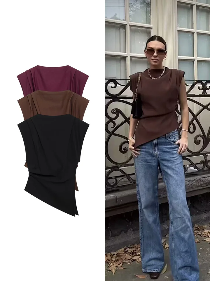 Dámske dámske skladané dekoratívne dekoratívne plece čalúnené vrcholmi novej módy High Street bez rukávov Vnútorné vrcholy elegantné dámske dámske