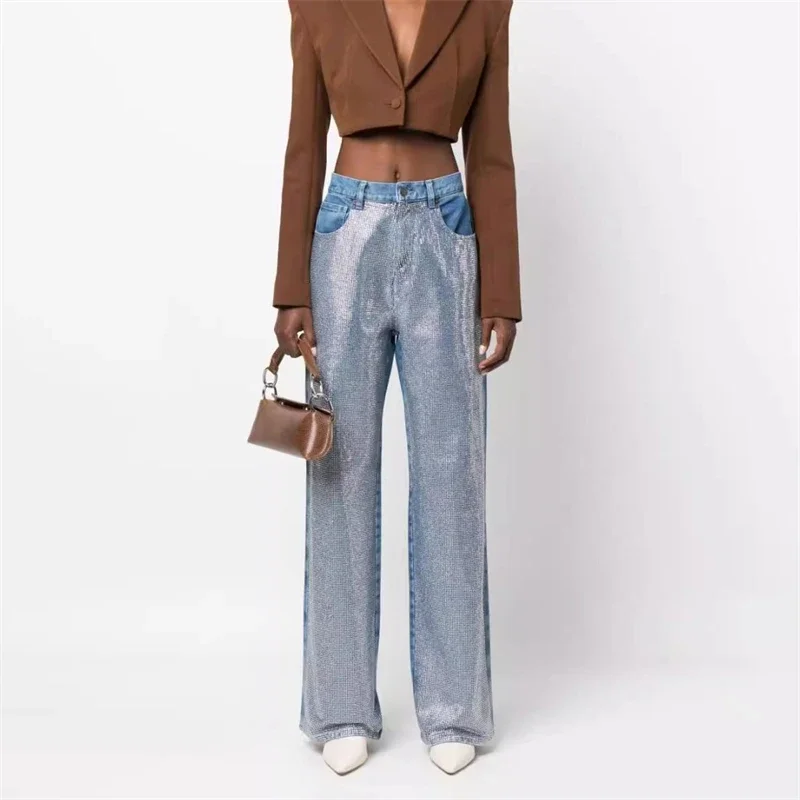 Dámske džínsy s vysokým pásom s diamantovými šitými, priamymi, neformálnymi nohavicami, Y2K, Pure Cotton, New, Autumn, 2023