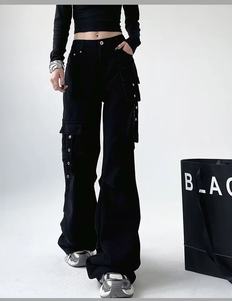 Dámske džínsy s vysokým pásom Y2K, dlhé džínsy v štýle retro, vreckový štýl, goth štýl, širokopásmové streetwear