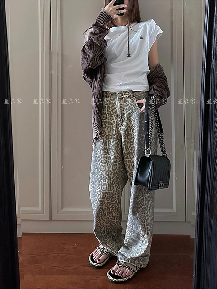 Dámske džínsy Y2K Baggy Leopard Džínsy Harajuku Japonské džínsové džínsové nohavice 90. rokov vinobranie džínske nohavice Trashy Clothes 2024