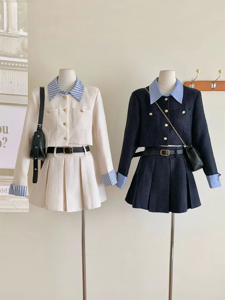 Dámske elegantné dve kusy sukňa sukňa jar jar jesenné falošné dva kusy s dlhým rukávom vrecká krátke bunda + skladaná sukňa