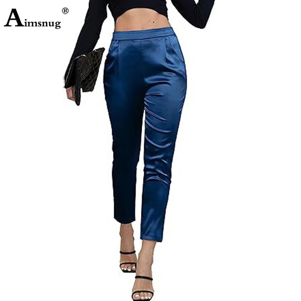 Dámske elegantné napodobňovanie hodvábne penicl nohavice pevné modré formálne párty nohavice plus veľkosť 3xl žien módne elastické pásy obleky