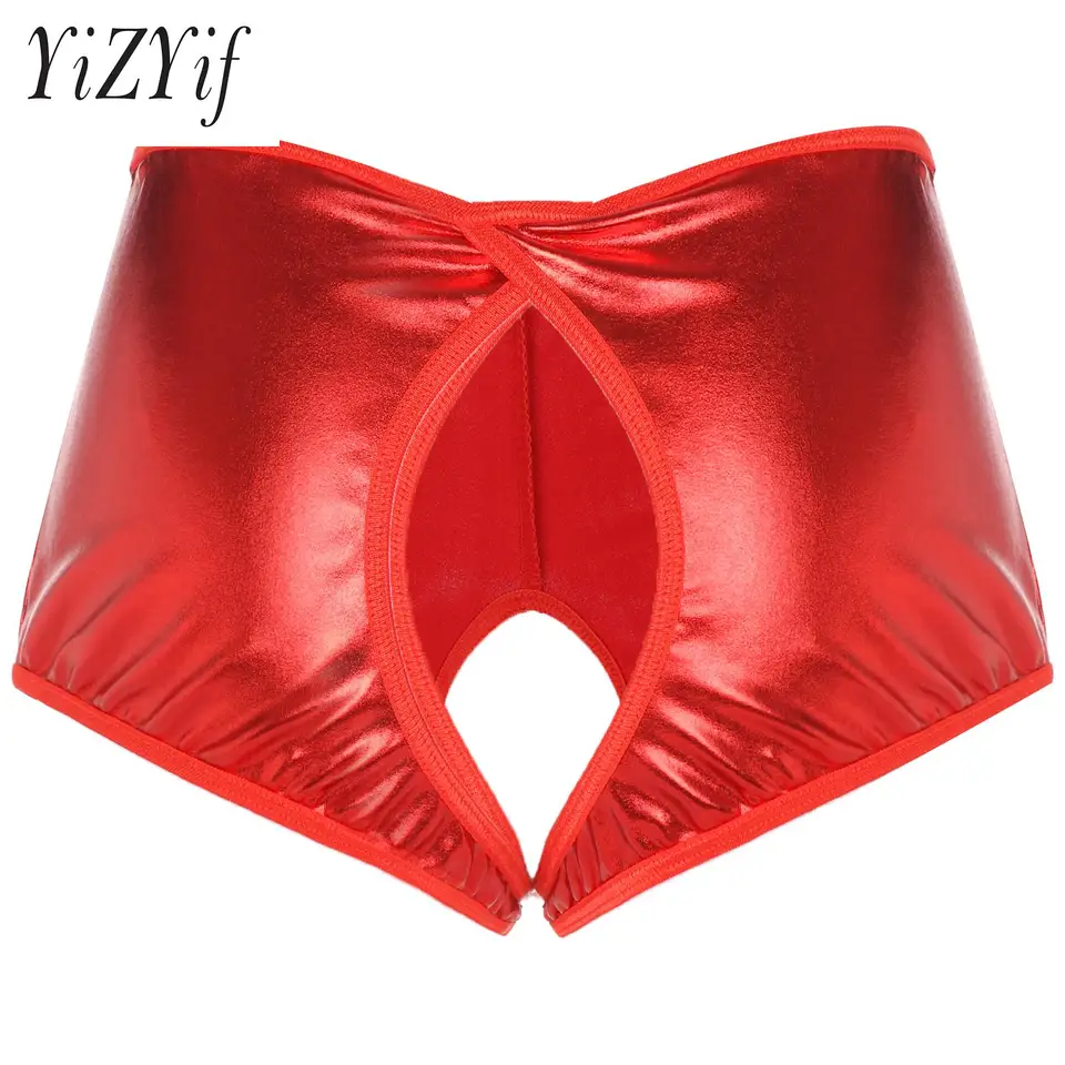 Dámske erotické otvorené rozkrokové nohavičky lesklé kovové plné farebné rozkroky Dutlow Out Shorts Super sexy erotické oblečenie Spál