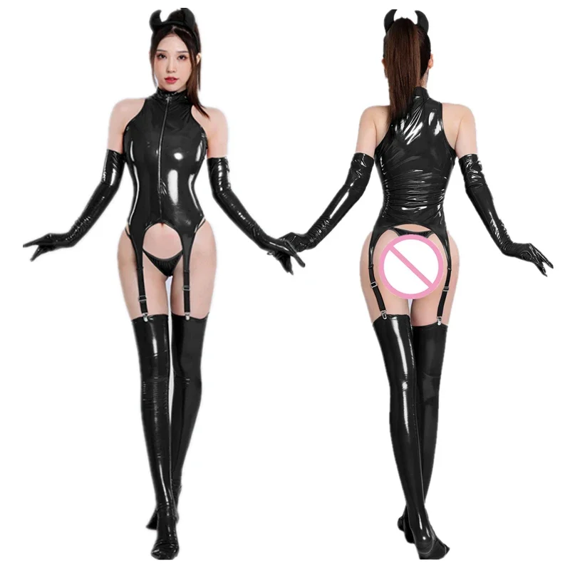 Dámske erotické pu kožené kombinézy sexy cuppless crotchless feirea spodné prádlo mokré mokré, klenot latex catsuit fetiš fetiš kostýmy