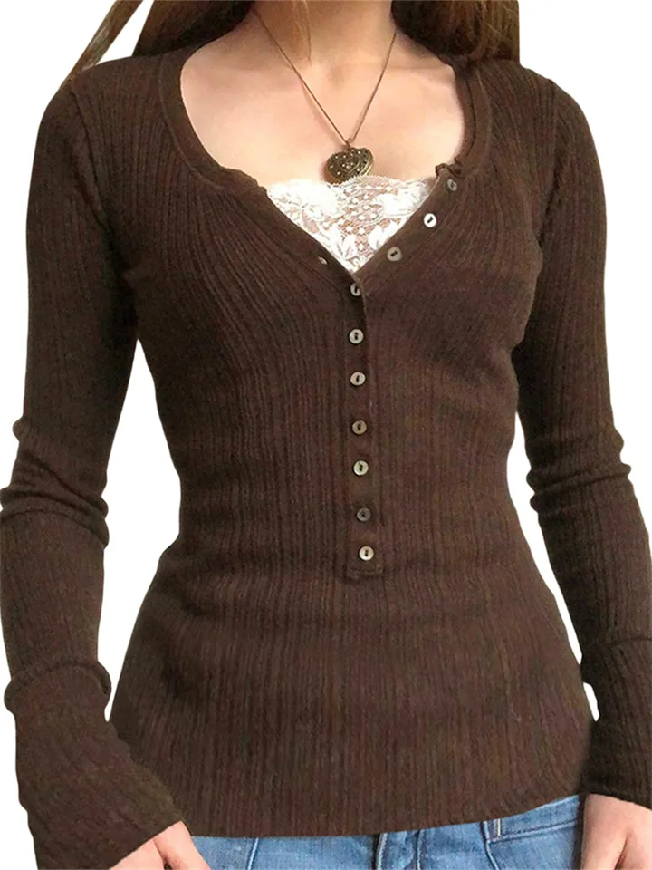 Dámske gombíky predné pletené vrcholy s dlhým rukávom čipkou Patchwork Slim Fit Sweter Fall Fairy Grunge Gothic Y2K oblečenie