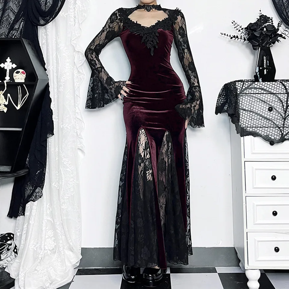 Dámske gotické čipky dlhé šaty vintage s vysokým pásom zábal rozdelený halloween gotické šaty retro flarové rukávové šaty na večierky
