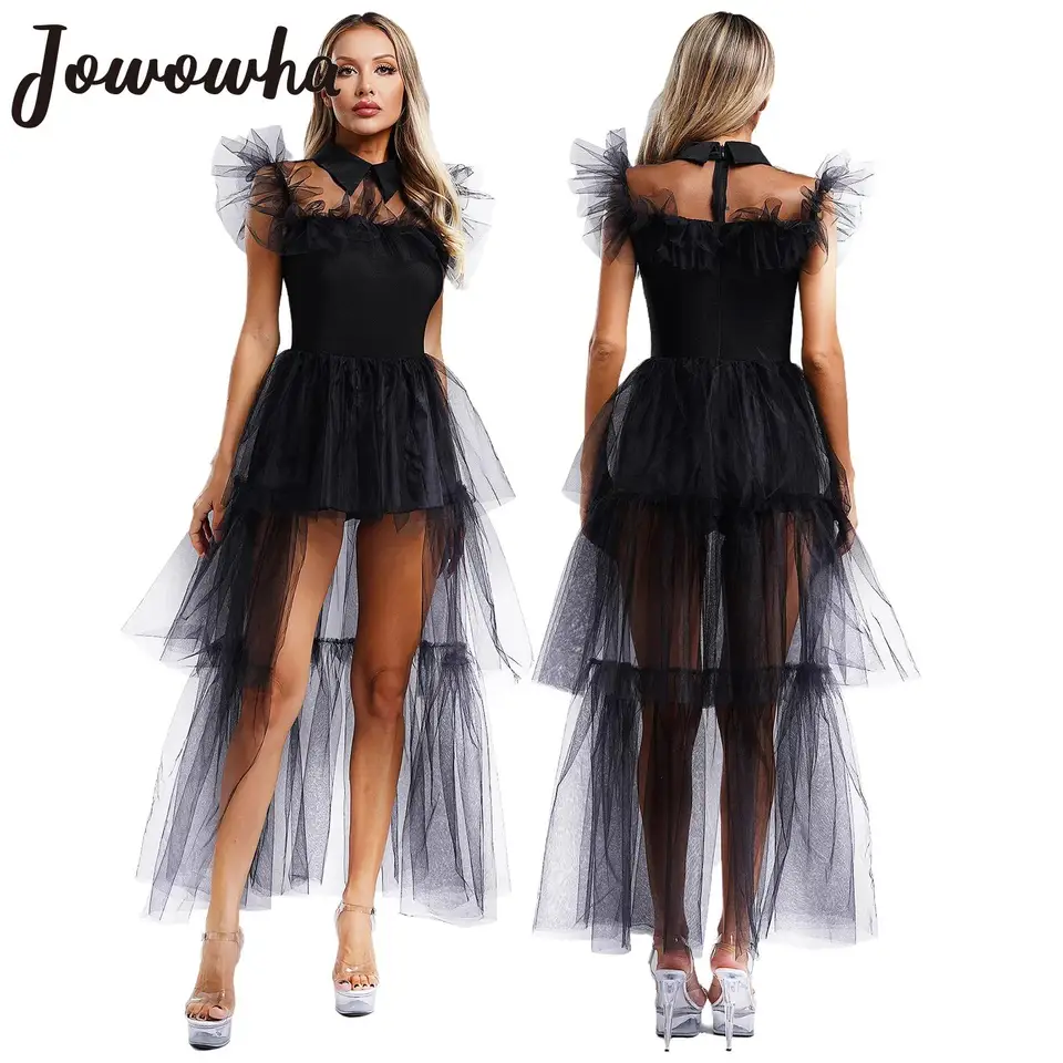 Dámske halloween lolita cosplay kostým vintage mušiek rukáv natrepaný Tull Overlay odstupňovaný šaty s opaskom na karnevalovú tematickú párty