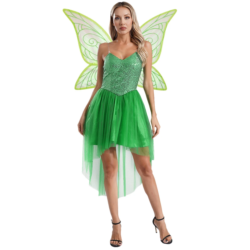 Dámske halloween zelené šaty princeznej lesov kostýmy Tinker Bell Dress s rozprávkovými krídlami pre karneval
