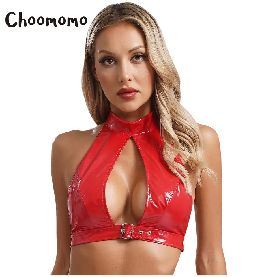 Dámske halter krk Pu kožené plodiny Top na kľúčové dierky predné orezané tank Camisole Vest Club Party festival Rave Dance Tance Clubwear