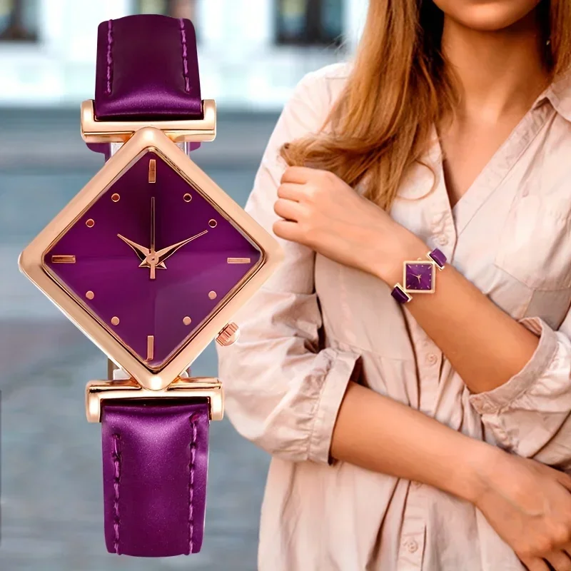 Dámske hodinky Elegantné Rhombus Pointer Quartz Watch retro módne analógové kožené zápästie Watch