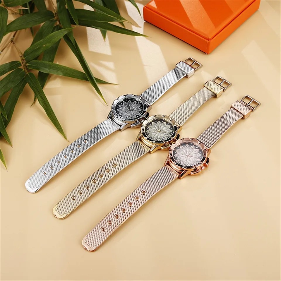 Dámske hodinky módne dámy oceľový pás sledujú divokú dámu kreatívna módna darček móda Rose Gold Flower Rinestone hodinky