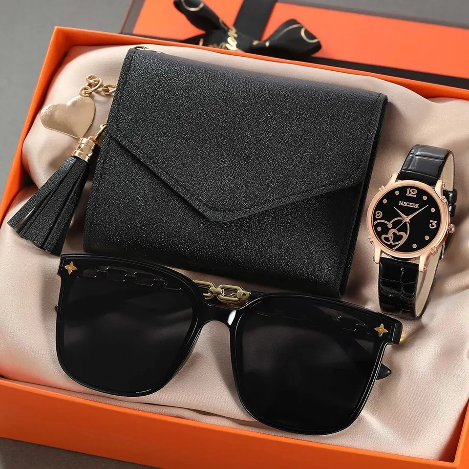 Dámske hodinky z koženého pásu a motýľové poháre slnečné okuliare slnečné okuliare Dámy Quartz náramkové hodinky šaty hodiny Montre femme