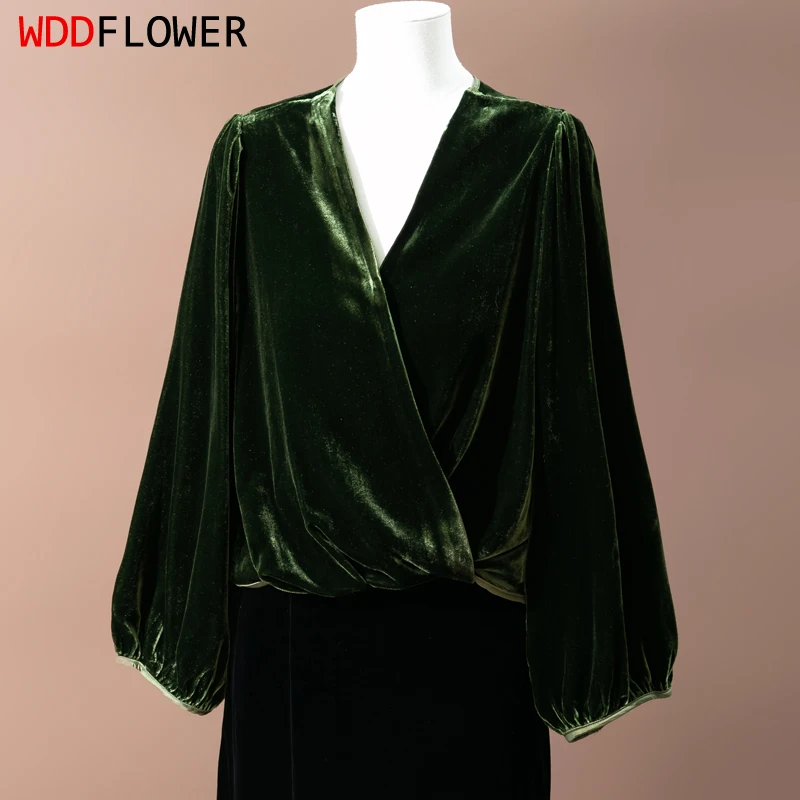 Dámske hodvábne zamatové košeľa 100% moruše hodvábna podšívka Tmavej zelenej blúzky Top V krk voľný typ s dlhým rukávom Mardigan Office Lady M1228