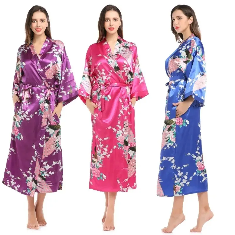 Dámske hodvábne šaty kimono rúž saténové rúcho nočné sexy rúcho nočné rast pre družičku leto plus plus tlačové šaty s-xxxl