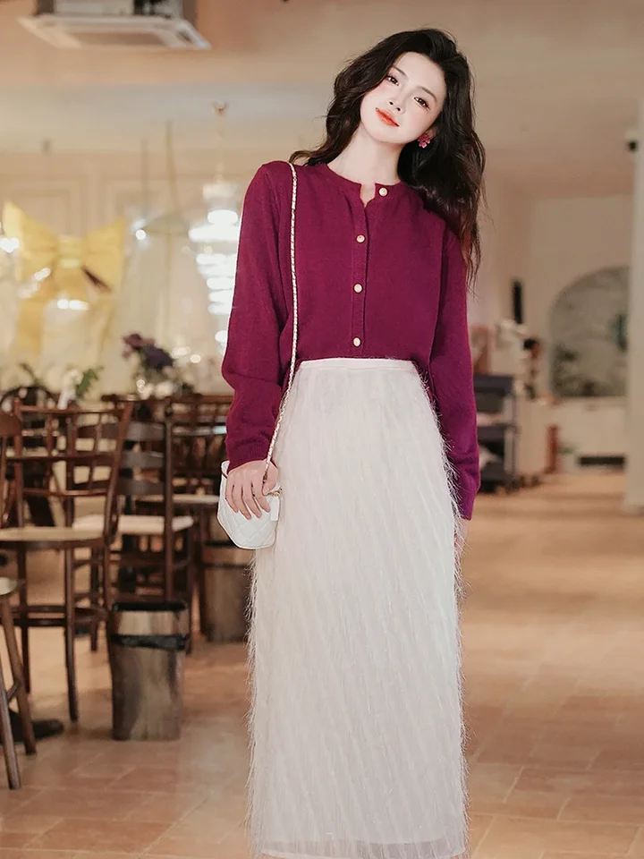 Dámske jesenné oblečenie Fashion Korean Style Dvojdielny set ležérne fialové sveter bunda+perie Tassel sukňa súpravy elegantné ženy