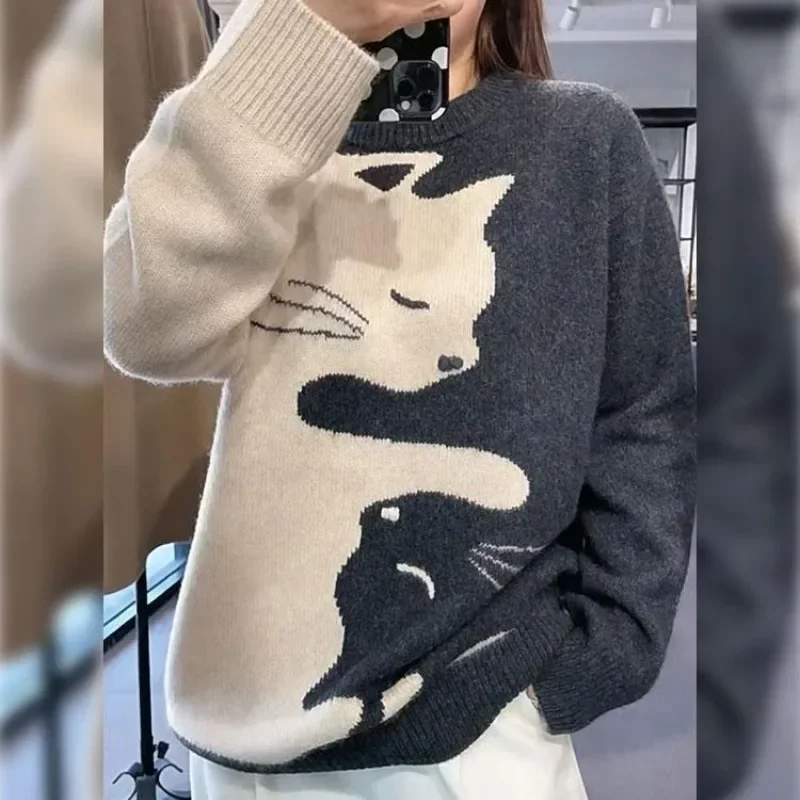Dámske jesenné zimné zviera mačka kawaii sveter hrubý dlhý rukáv potlač spodnú košeľu módne všestranné pletacie dámske topy