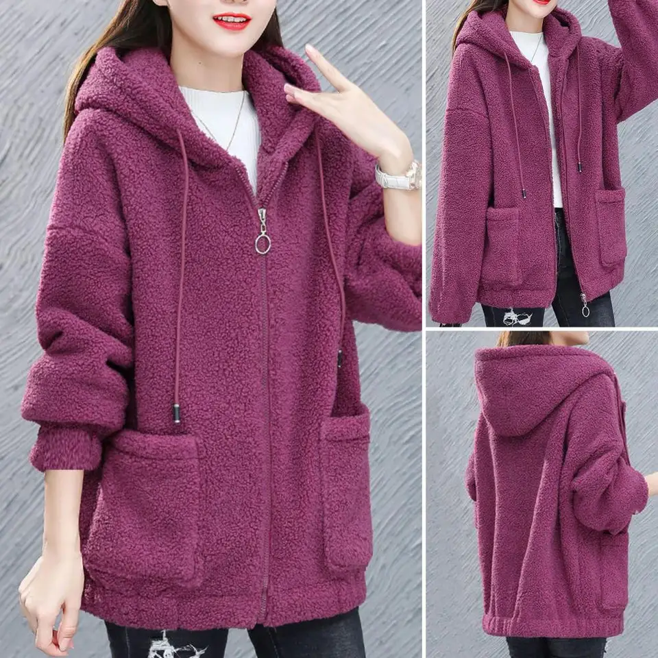 Dámske kabáty Chic Fleece Hrubé masívne vrecká s dlhými rukávmi voľné teplé plyšové zips zimné zimné bunda pre vonkajšie
