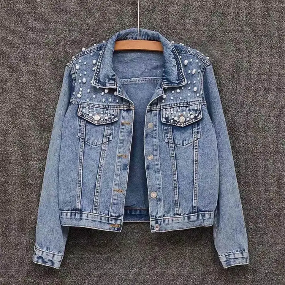 Dámske kabáty Štýlové zimné dámske džínsové kabáty s korálkovými dekorami plus veľkosti dlhých rukávov Turning Golier Casual Streetwear bunda