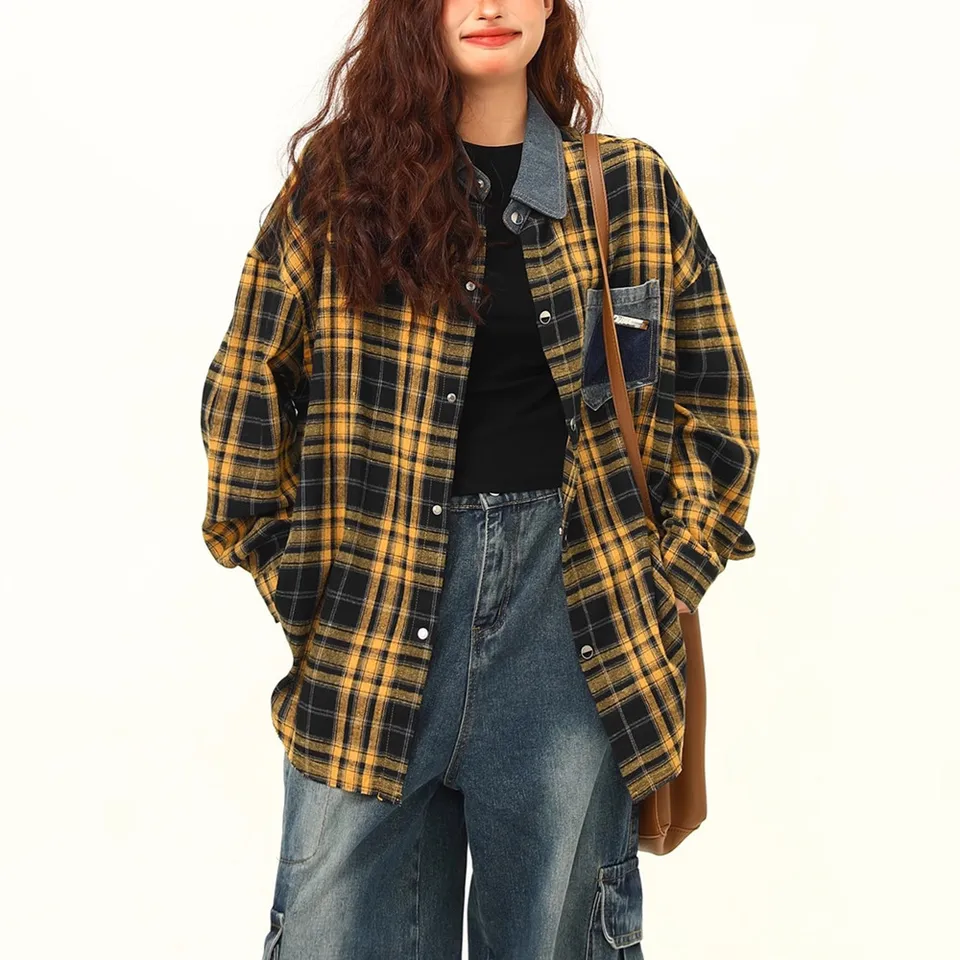 Dámske kockované šatyka bunda s dlhým rukávom Button Down Dolu