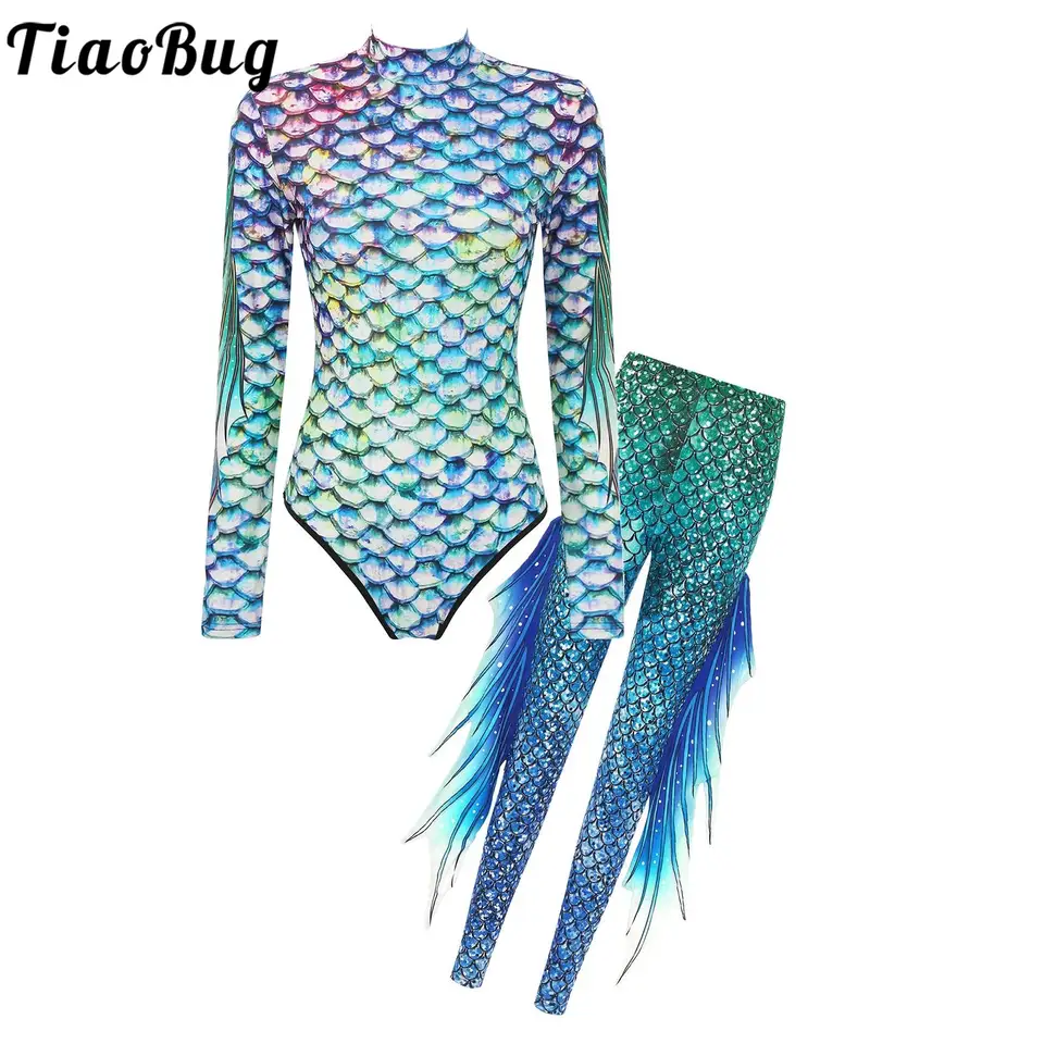 Dámske kostýmy Mermaid Costy Outfits 3D Rybie Scale Print Tlač s dlhým rukávom Plaviec BodySuit Top a Panien legíny plavky plážové oblečenie