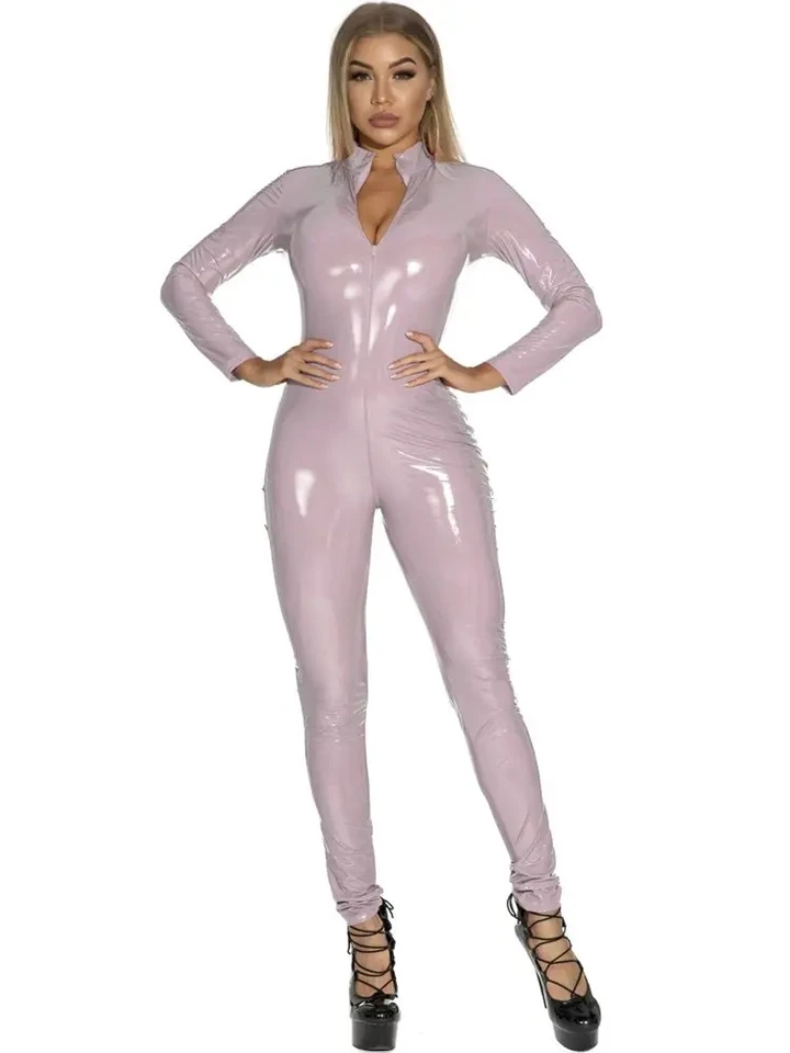 Dámske kožené kombinézy PU s dlhým rukávom Dvojcestné zipsové otvorené rozkrokové kombinézy mokrý vzhľad PVC Catsuit leskl pančucháče Cosplay 2024 Nový