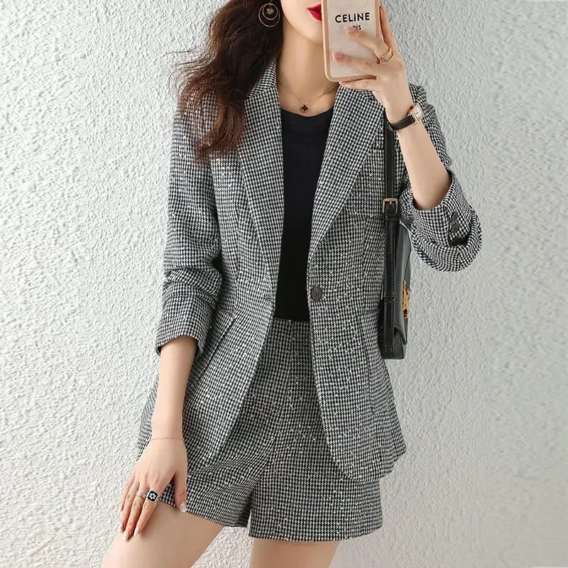 Dámske krátke nohavice set business 2024 Plaid Clother Classic Blazers a Shorts Suits pre ženy elegantné elegantné letné obleky s plným