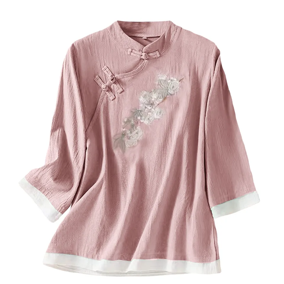Dámske kvetinové výšivky elegantné špičkové čínske módy s dlhým rukávom Cheongsam Tri štvrtiny rukávy Príležitostné voľné blúzky