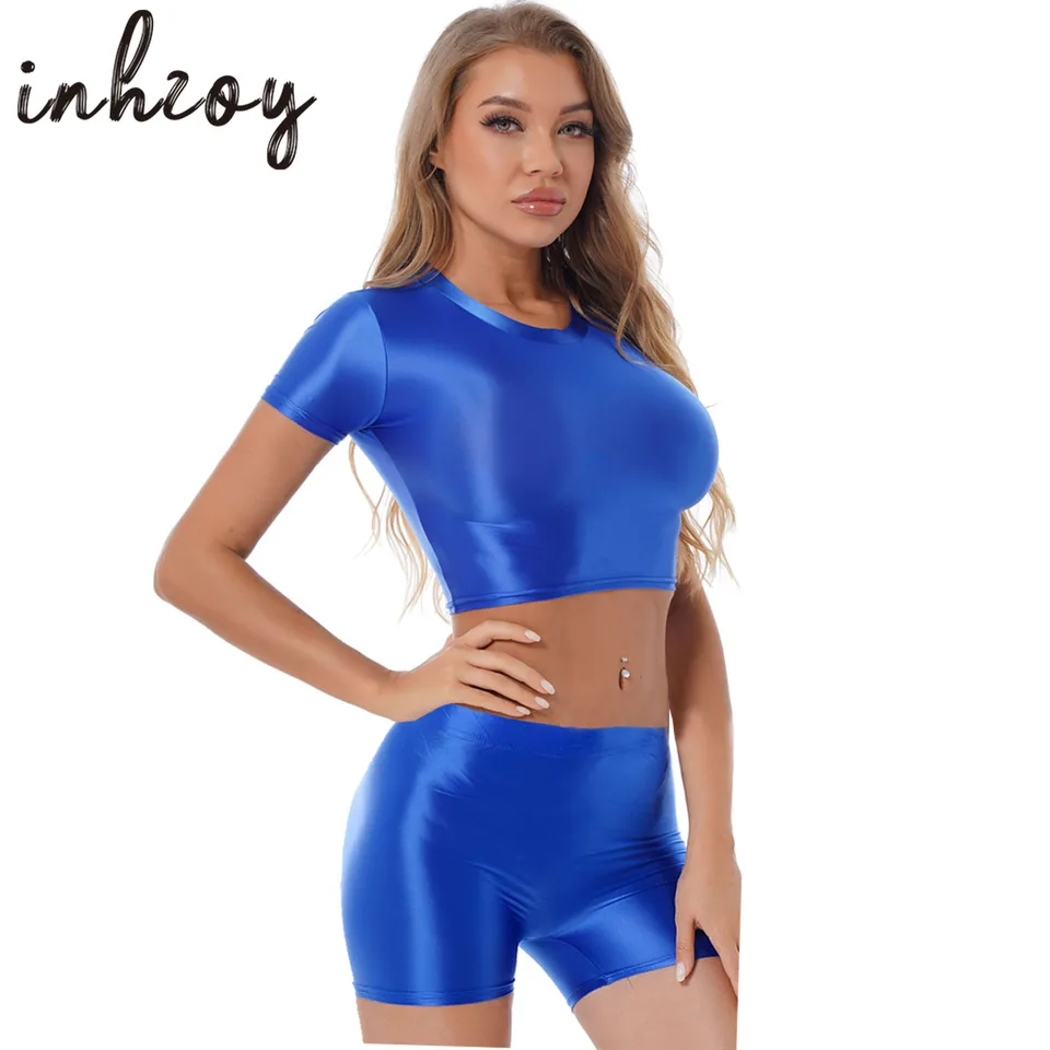 Dámske lesklé nádrže Camis Crop Top Sports Fitness Olej lesklý hladký krátky rukáv Tričko