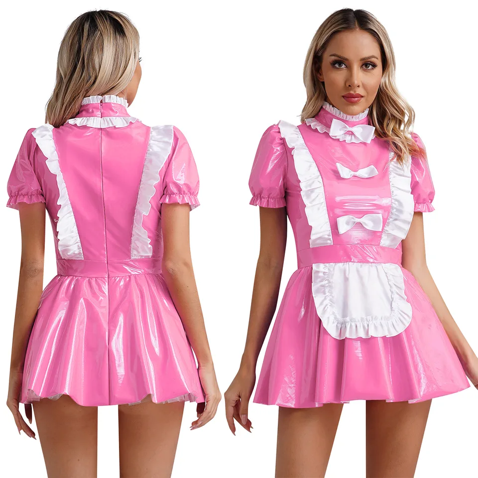 Dámske lesklé patentové kožené šaty slúžky Lolita Naughty Maid Cosplay kostým rufles obrusy