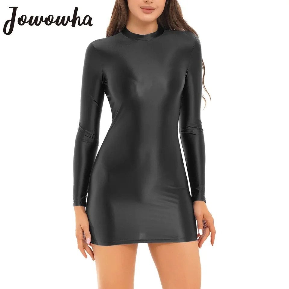 Dámske lesklé šaty Bodycon Dress s dlhým rukávom Mini ceruzka šaty nočné oblečenie hladké pruhy Mock Brck Tesné šaty Rave Party Clubwear