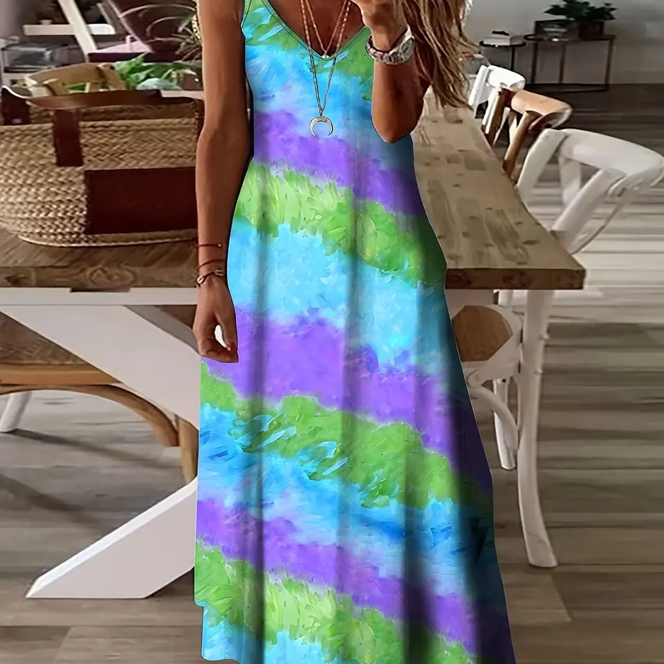 Dámske letné jednoduché geometrické tlače podväzky šaty Casy Fashion Beach Seaside Resort Style Loose and Comfort Dlhé šaty