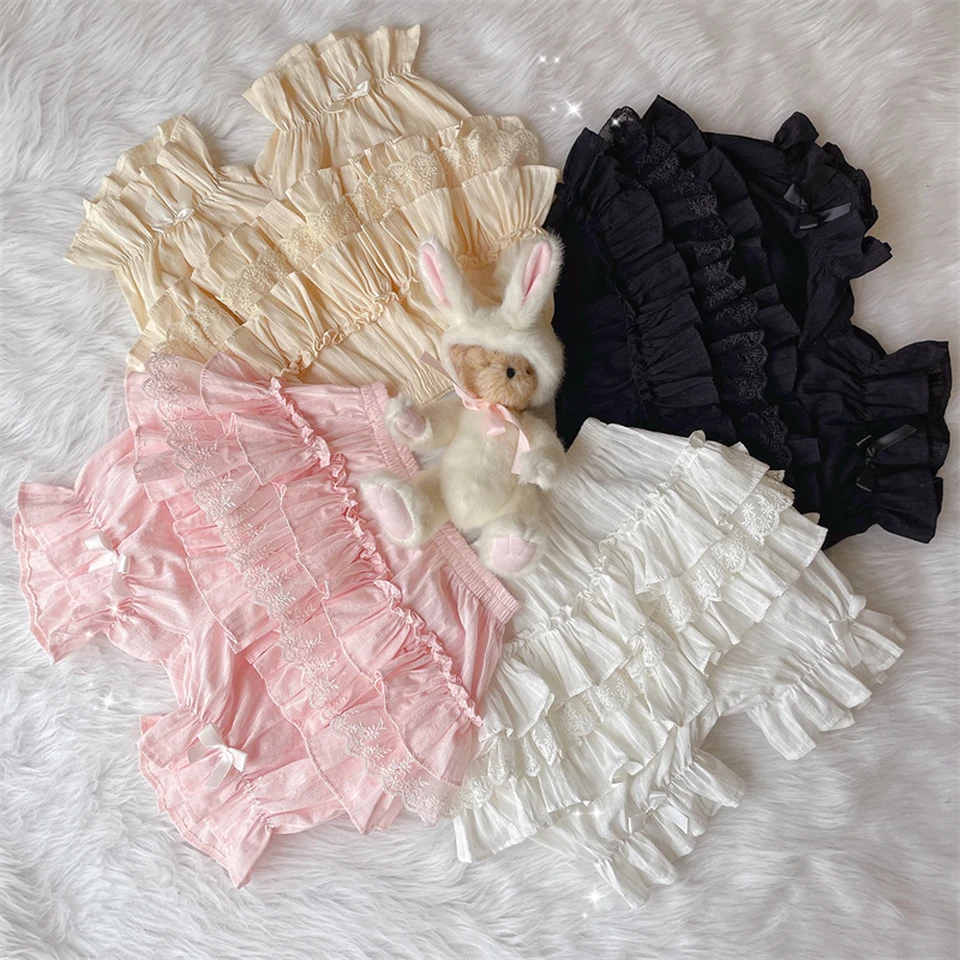 Dámske letné kawaii čipkové čapy Lolita šortky s vysokým pásom pevné luky vrstvené kvetiny pettiplant pumpkin nohavice streetwear