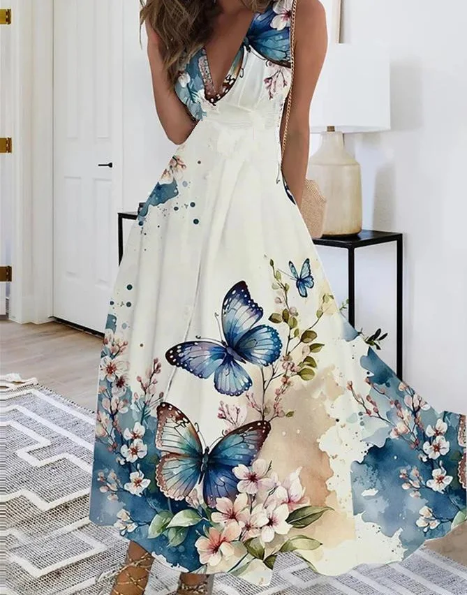 Dámske letné maxi tank šaty Nový módny V-krk s podšívkou bez rukávov tlač sexy boho vesty šaty pre ženy prom robe femme