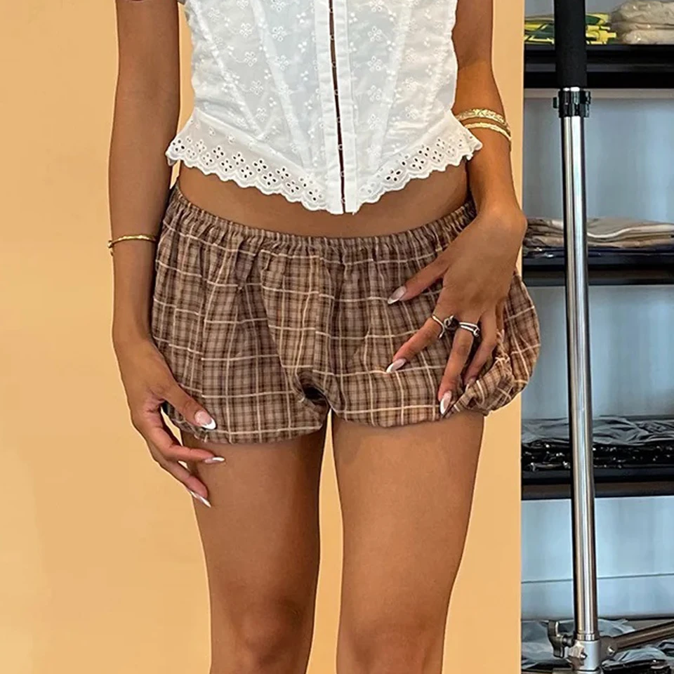 Dámske letné VIINTAGE Y2K Coquette Plaid Shorts Elastic Bloomer Bloomer Shorts Casy Bubble Pants Party Pettipants Streetwear